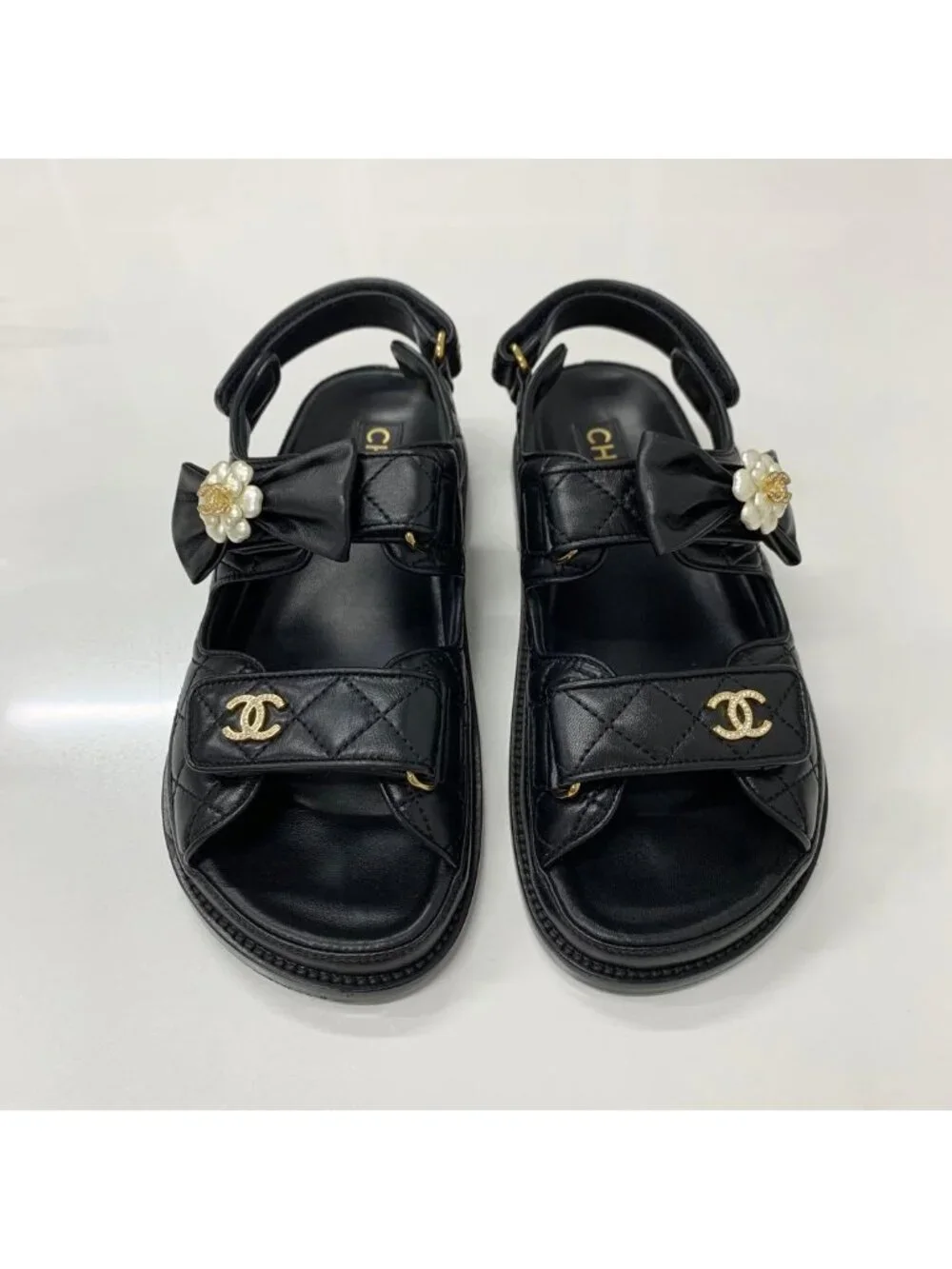 Chanel CC Logo Quilted Camellia Rhinestone Leather Sandals